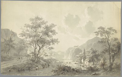 Small Waterfall by a Lake in a Mountain Landscape by Jacob van Strij