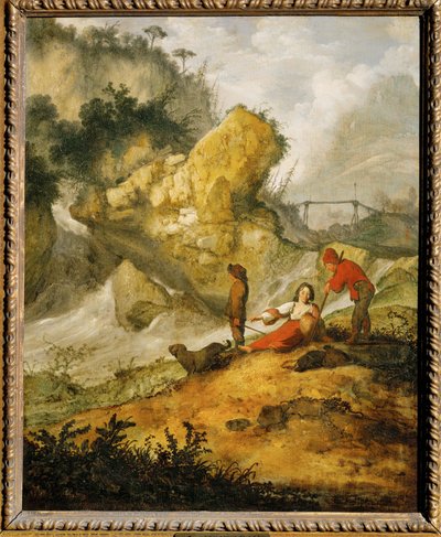 Rocky Landscape with Waterfall and Shepherds by Jacobus Sibrandi Mancadan