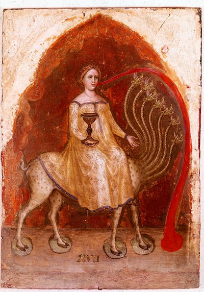 Left Panel of the Polyptych of Revelation: The Beast with Seven Heads and the Woman, Sitting on It, Rich Prostitute (detail) by Jacopo Alberegno