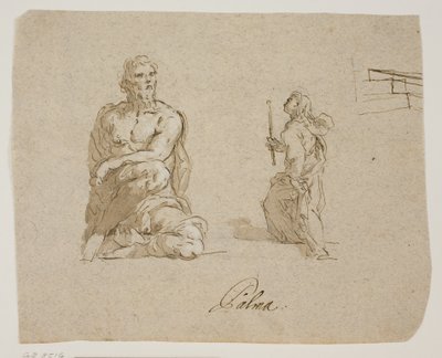 Kneeling Man, Girl with a Candle Mounting Stairs (the Virgin Entering the Temple), Perspective Sketch for the Stairs by Jacopo Palma