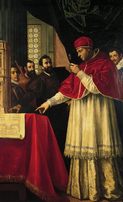 Michelangelo presenting models for the facade of San Lorenzo, the Laurentian Library and the Medici tombs to Pope Leo X and Cardinal Giulio de Medici by Jacopo da Empoli (and workshop)