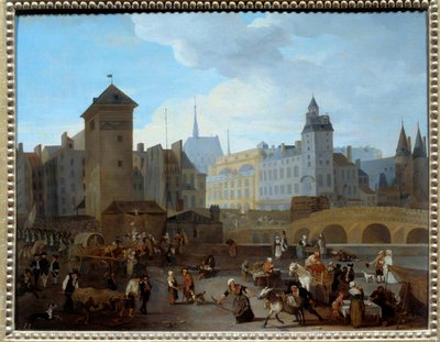 French Revolution: View of the bridge and the pump Notre-Dame in Paris by Jacques Albert Senave