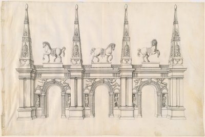 A Triumphal Arch with Caparisoned Horses and Ornamented Pinnacles by Jacques Androuet Ducerceau I