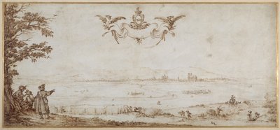 A View of Toul across the Plain, Landscape with Figures, the Sky with the Arms of Porcellets by Jacques Callot