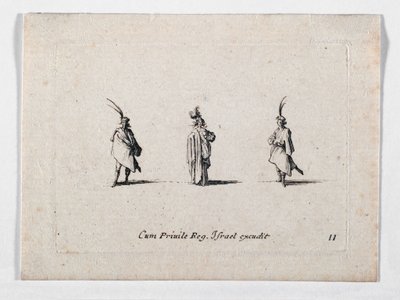 A Lady with a Long Coat and Two Cavaliers (engraving) by Jacques Callot