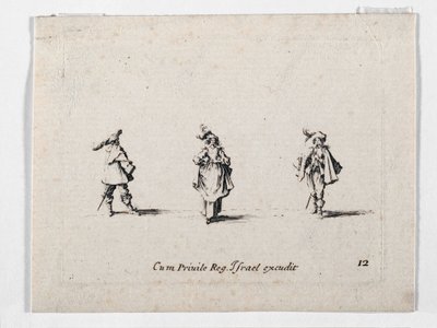 A Lady with a Plumed Hat and Two Cavaliers (engraving) by Jacques Callot