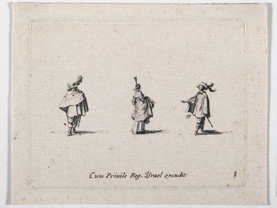A Lady with Gathered-Up Skirt and Two Cavaliers by Jacques Callot