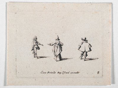 A Lady with Outstretched Hand, Seen from Back, and Two Cavaliers by Jacques Callot