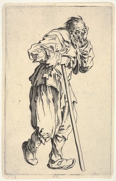Bearded Man, Dressed in Rags, Holding His Head with One Hand and a Walking Stick with the Other, from "The Beggars" by Jacques Callot