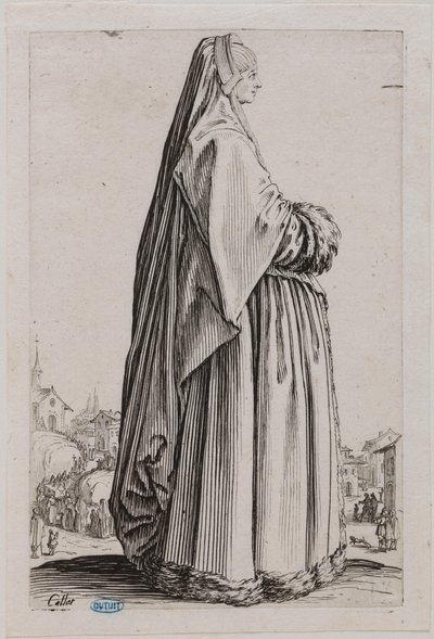 The Nobility, The Lady with a Large Veil and Fur-Trimmed Dress. Fifth Number of a Suite of 12 Pieces (Lieure 553, Meaume 679) by Jacques Callot