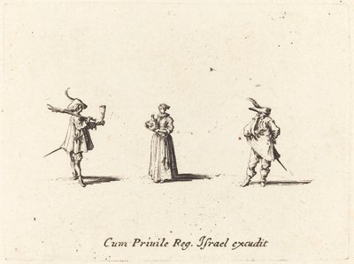 Lady with Wine Bottle, and Two Gentlemen by Jacques Callot