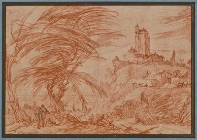 Landscape, Right on a Hill a Large Tower, Left a Group of Trees and Some Figures by Jacques Callot
