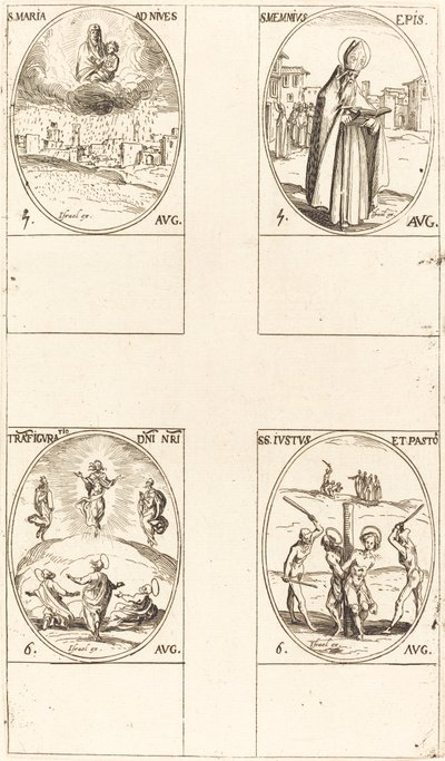 St. Mary of Snow; St. Memmius, Bishop; The Transfiguration; Sts. Justus and Pastor by Jacques Callot