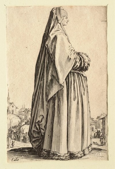 The Lady Wearing a Large Veil and a Dress Trimmed with Furs by Jacques Callot
