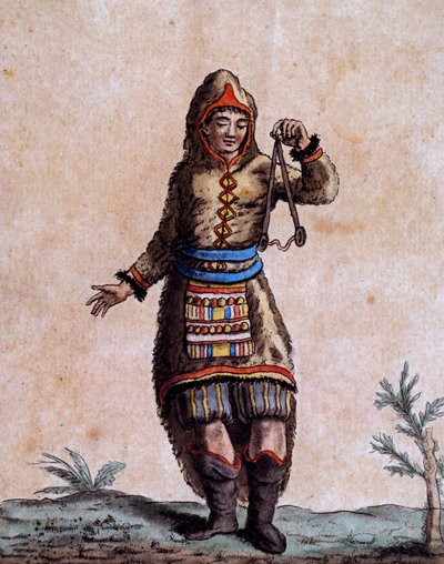 Woman of Hudson Bay in traditional costume, color engraving from Encyclopedia of voyages by Jacques Grasset de Saint Sauveur