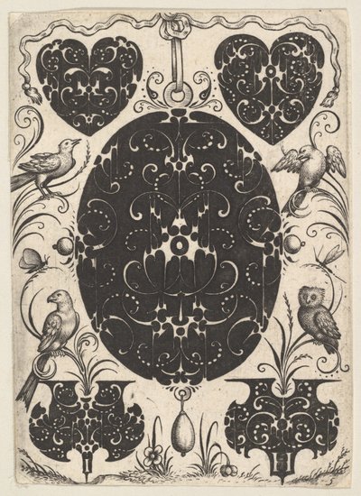 Oval Pendant Decorated with Schweifwerk, Surrounded by Smaller Motifs and Four Birds, ca. 1614-19 by Jacques Hurtu