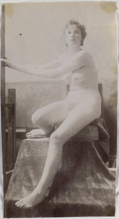 Study of a Female Nude Model, Sitting on a Podium and Seen from the Front, in the Studio of Jacques de Lalaing, Preliminary Study for Fernand Scribe