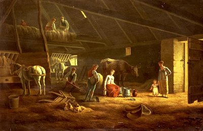 A Milkmaid, Farmhands and Plough Horses in a Barn by Jacques Laurent (circle of) Agasse