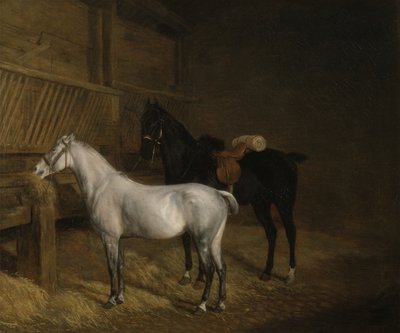 A Grey Pony and a Black Charger in a Stable by Jacques Laurent Agasse