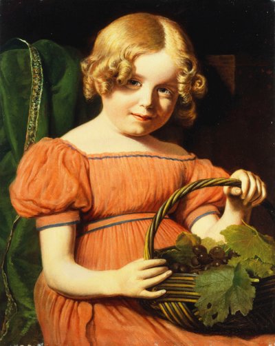 Portrait of Louisa Booth, Seated Half Length, in a Coral Pink Dress Trimmed with a Blue Braid Holding a Basket of Grapes by Jacques Laurent Agasse