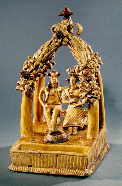 Writing set with a married couple seated under an arbour, Borne Workshop by Jacques Sebastien Talbot