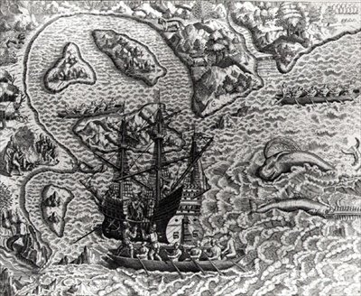 Johannes Staden Arrives at an Unknown Island to Find that the Portuguese are Already There, from Americae, 1593, Written and Engraved by Theodor de Bry (1528-98) by Jacques d.158788 after Le Moyne