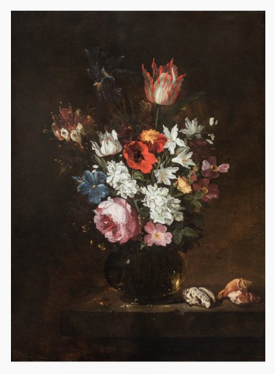 A Rose, Tulip, Iris, Poppies, Honeysuckle, and Other Flowers in a Glass Vase with Seashells on a Ledge by Jacques de Claeuw