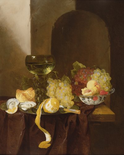 A Still Life with Fruit, a Peeled Lemon and a Roemer on a Ledge by Jacques de Claeuw
