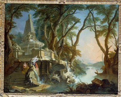 Landscape with pyramidal fountain and statue of Neptune by Jacques de Lajoüe