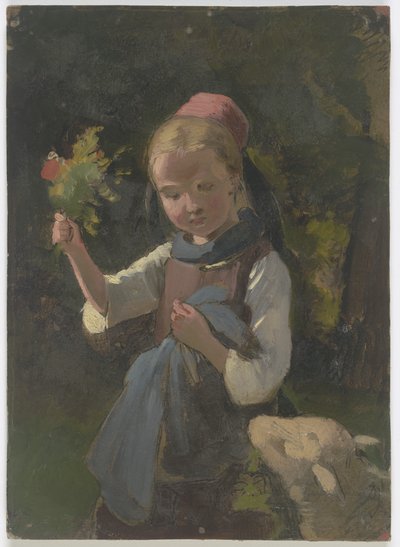 Peasant Girl with Bouquet, a Sheep from the Right by Jakob Becker