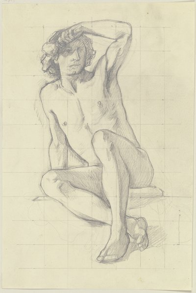 Seated Male Nude, Shading Eyes with Left Hand by Jakob Becker