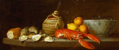 Bread, oysters, a Chianti flask, a lobster, lemons, oranges and glasses in a porcelain bowl on a ledge by Jakob Bogdani or Bogdany