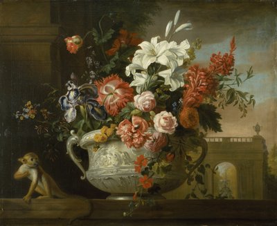 Still life with flowers in an urn, with a monkey, on a ledge, c.1699 by Jakob Bogdani or Bogdany