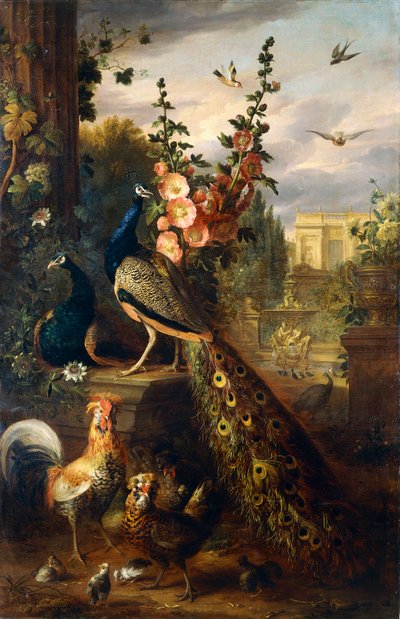 Two Peacocks on a Stone Plinth in a Garden by Jakob Bogdani or Bogdany