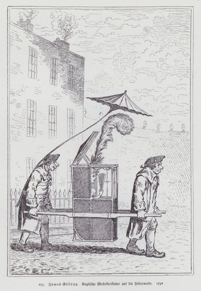 English cartoon mocking the fashion for women wearing feather headdresses by James (after) Gillray