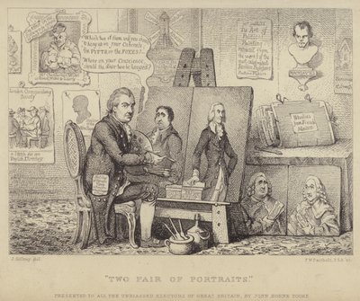 Two Pair of Portraits: anti-Whig cartoon depicting John Henry Tooke with portraits of Charles James Fox personifying vice and William Pitt the Younger representing virtue by James (after) Gillray