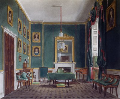 Green withdrawing room, Engraving by Daniel Havell, Based on design by James Stephanoff, From The History of the Royal Residences by James (after) Stephanoff