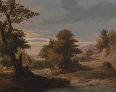 A Wooded River Landscape with Mother and Child by James Arthur O