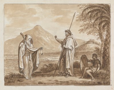 Old Man, Warrior and Boy in a Classical Landscape by James Bruce