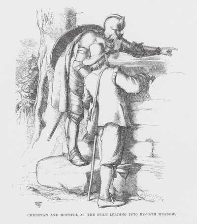 Christian and Hopeful at the Stile leading into By-Path Meadow by James Dawson Watson