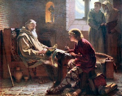 The Venerable Bede translating the last chapter of St John. Illustration from An Outline of Christianity edited by A S Peake et al by James Doyle Penrose