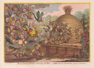 Broad Bottom Drones storming the Hive: Wasps, Hornets, & Bumble Bees joining the attack, pub. 1808 by James Gillray