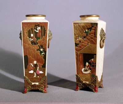 Pair of Japanese style vases depicting Japanese Cobalt and Clay Mining, Worcester by James Hadley
