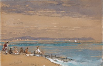 Beach Scene with Figures by a Breakwater by James Holland