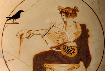 Apollo depicted on a cup pouring a libation as a crow looks on. Delphi Archaeological Museum by James L Stanfield