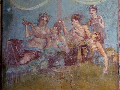 Fresco of Roman upper class in luxury enjoying life uncovered at Pompeii. Pompeii, Italy by James L Stanfield
