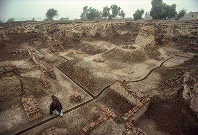 Overview of a pit filled with the remains of brick walls and a brick well by James L Stanfield