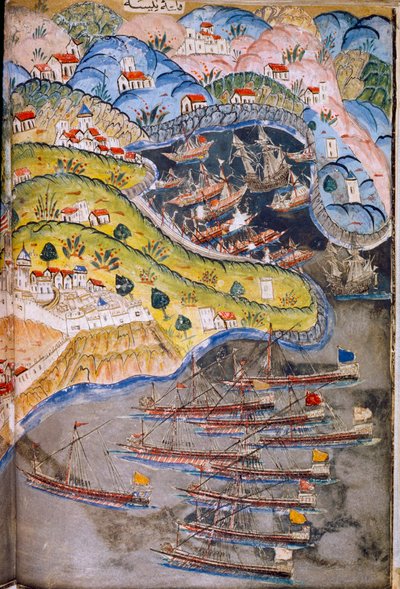 Pirates attack Nice, France held by the Roman Empire, in 1543. Topkapi Museum, Istanbul, Turkey by James L Stanfield