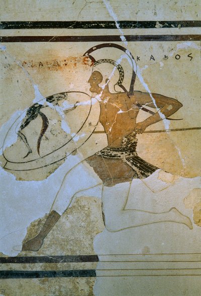 Wall fresco of a Hoplitodromos aka hoplitodromia runner. Acropolis Museum. Athens, Greece. by James L Stanfield