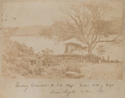 The reading of an ultimatum to Zulu chiefs on Natal side of Drift Lower Tugela, 11 December 1878 by James Lloyd